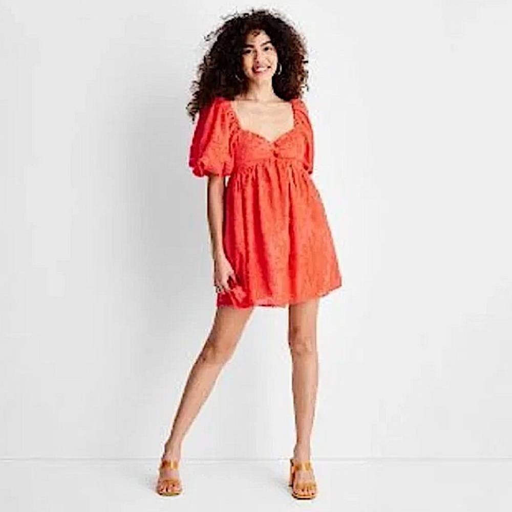 Future Collective Puff Short Sleeve Dress Coral Orange Floral